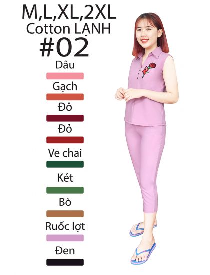 DBT002- Đồ bộ thun dài Cotton lạnh cổ bẻ thêu hoa