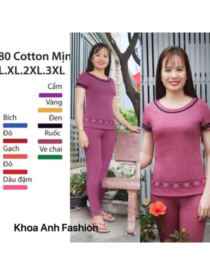 DBT080 - Đồ bộ thun Cotton mịn viền cổ và tay